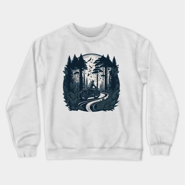 Cafe Racer Ride In Woods Crewneck Sweatshirt by Merchandise Mania